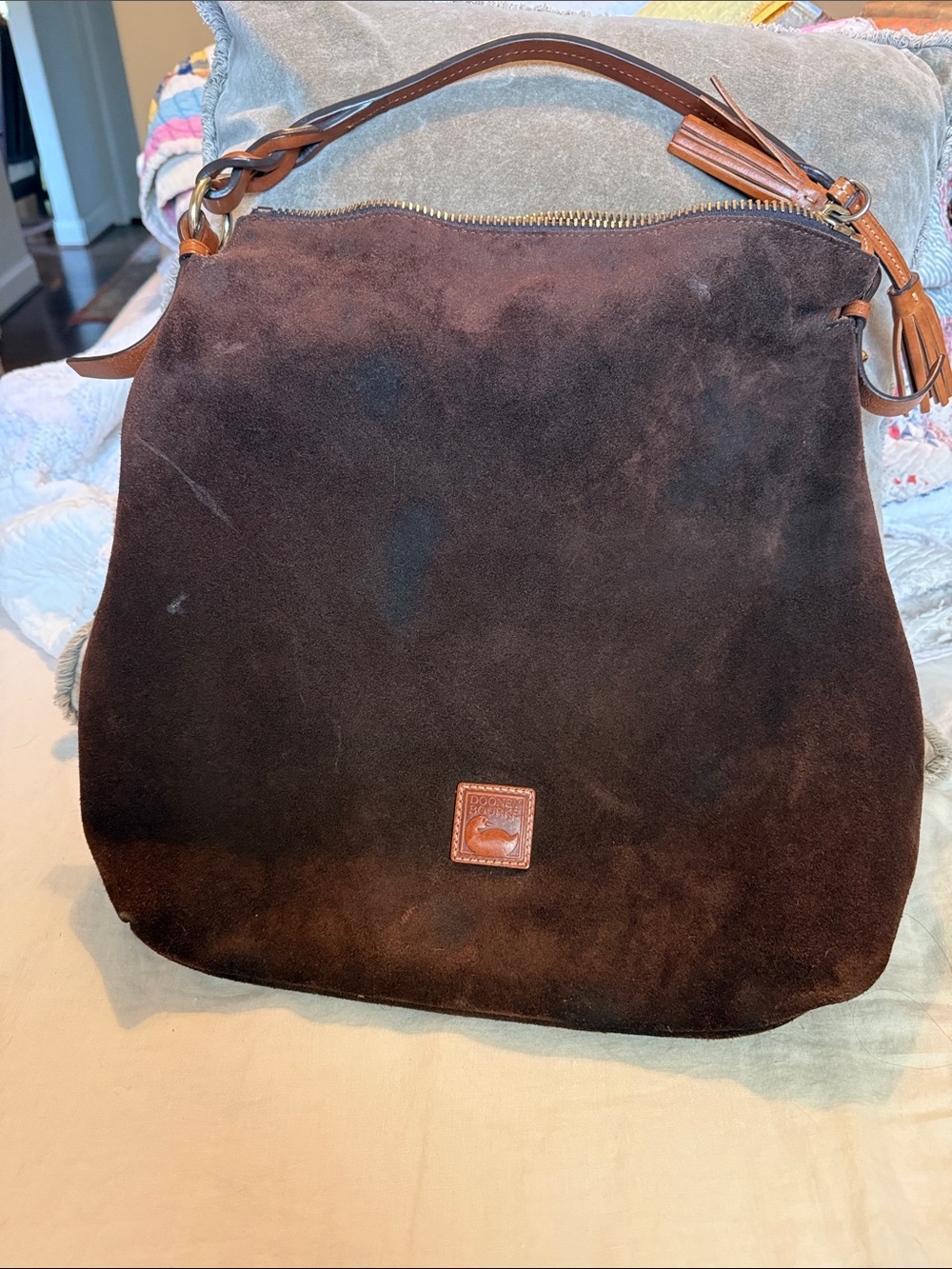Dooney & Bourke Dark Brown Suede Hobo with Leather Trim